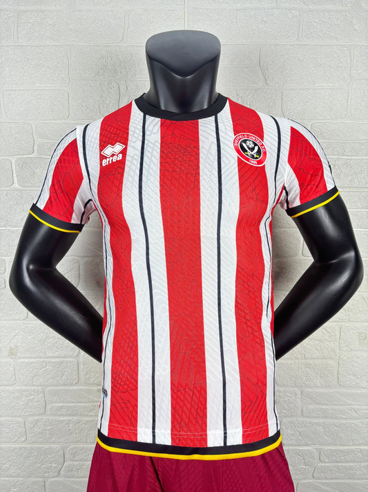 2025/26 Sheffield United Home Player Version Jersey - Erreà - Red White Vertical Wide Stripe - Black Crew Neck Collar - Black Sleeve Cuff & Hem Band with Yellow Piping
