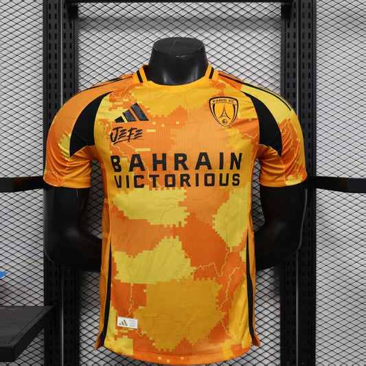 2025/26 Paris FC Away Player Version Jersey -  Orange Yellow Pixel Camo Map Pattern - Bahrain Victorious - Black Sleeves