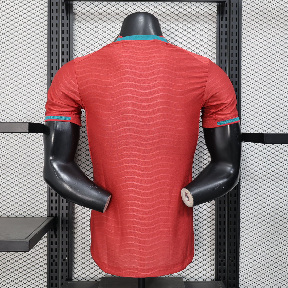 2025/26 Portugal National Team Home Player Version Jersey - Red Tonal Wavy Stripe - Teal V-Neck Collar & Cuff Trim - FPF Crest