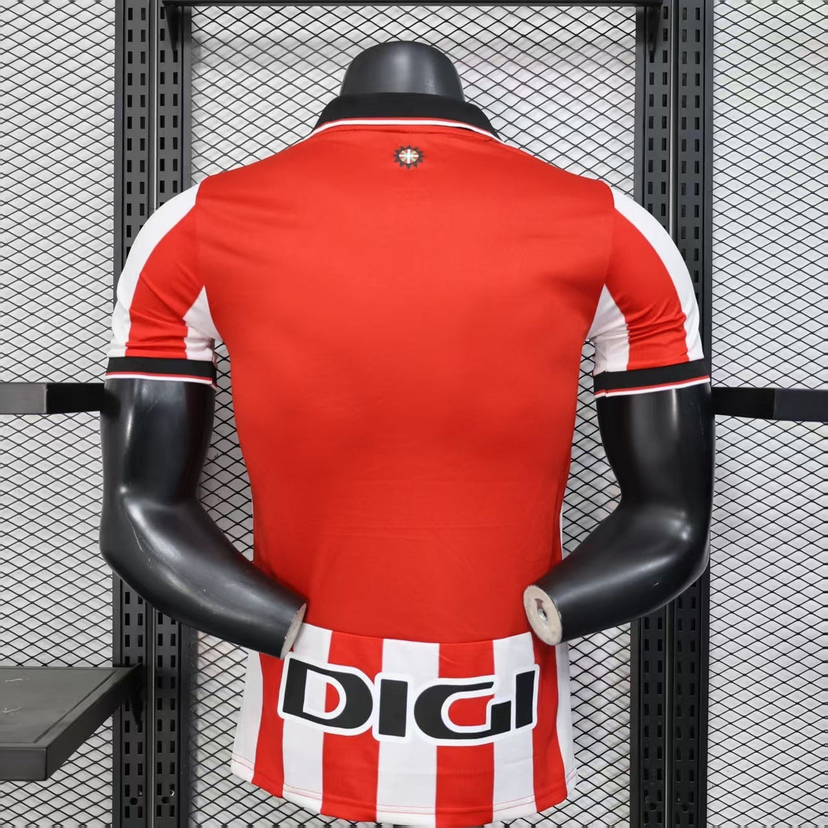 2025/26 Athletic Bilbao Home Player Version Jersey - Red White Vertical Stripe Body Black V-Neck Collar Black Sleeve Cuff Trim - Castore Logo - Athletic Club Official Shield Crest - Kutxabank - Men's