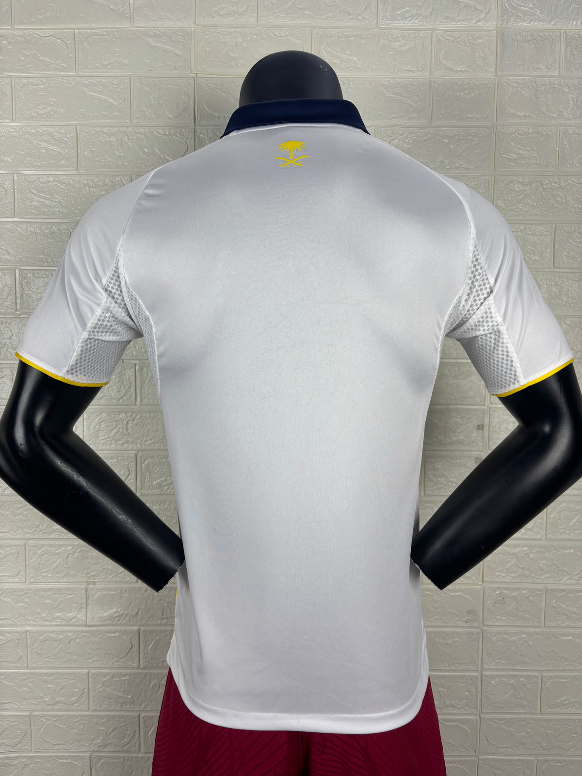 2025/26 Al-Nassr Away Player Version Jersey - White Body - Dark Navy Blue Polo Collar - Gold Yellow Side Seam Piping - KAFD Gold Yellow Sponsor