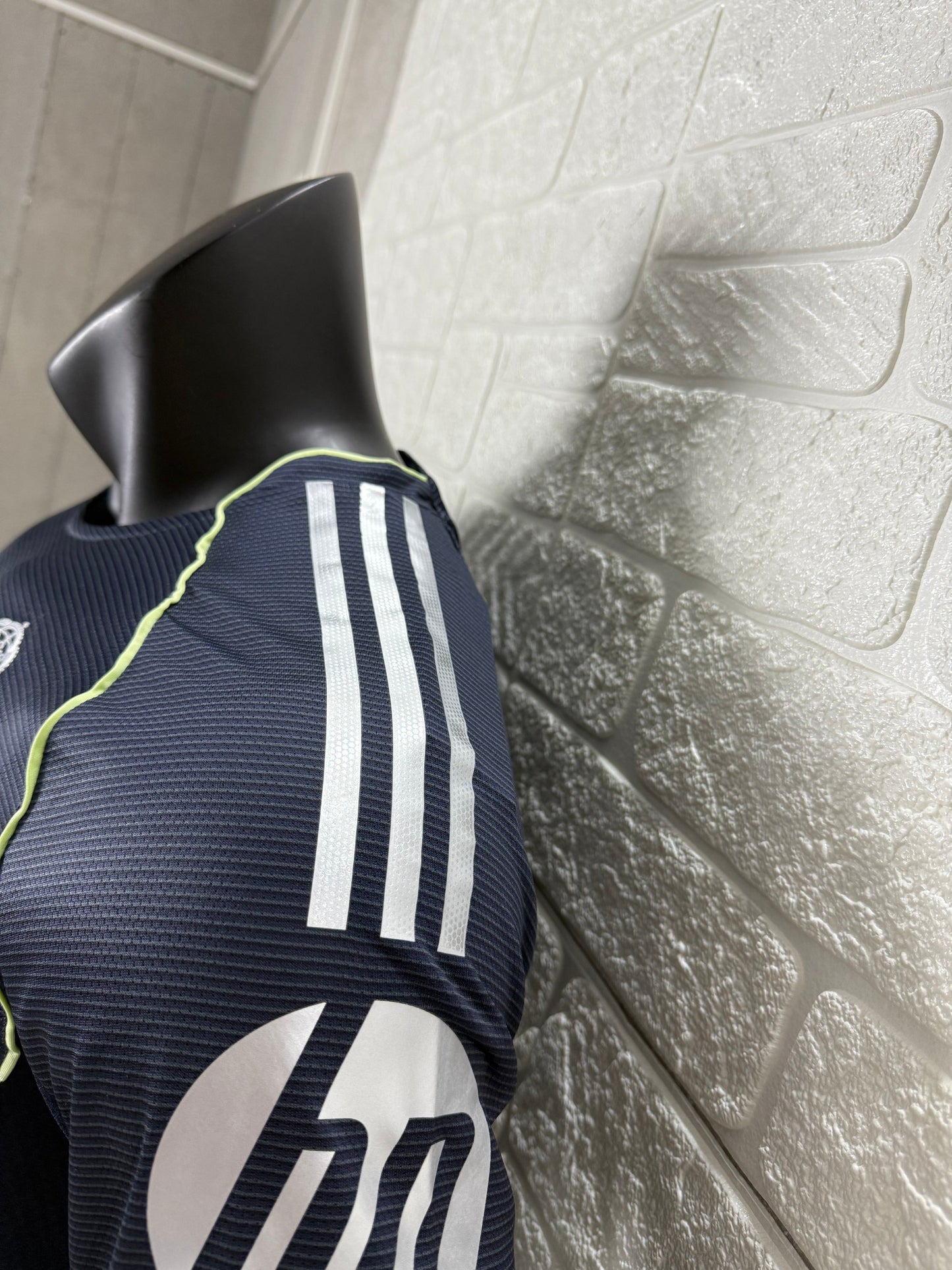 2025/26 Real Madrid Away Player Version Jersey - Dark Navy Blue Tonal Horizontal Stripe - Neon Yellow Green Piping - Emirates Fly Better
