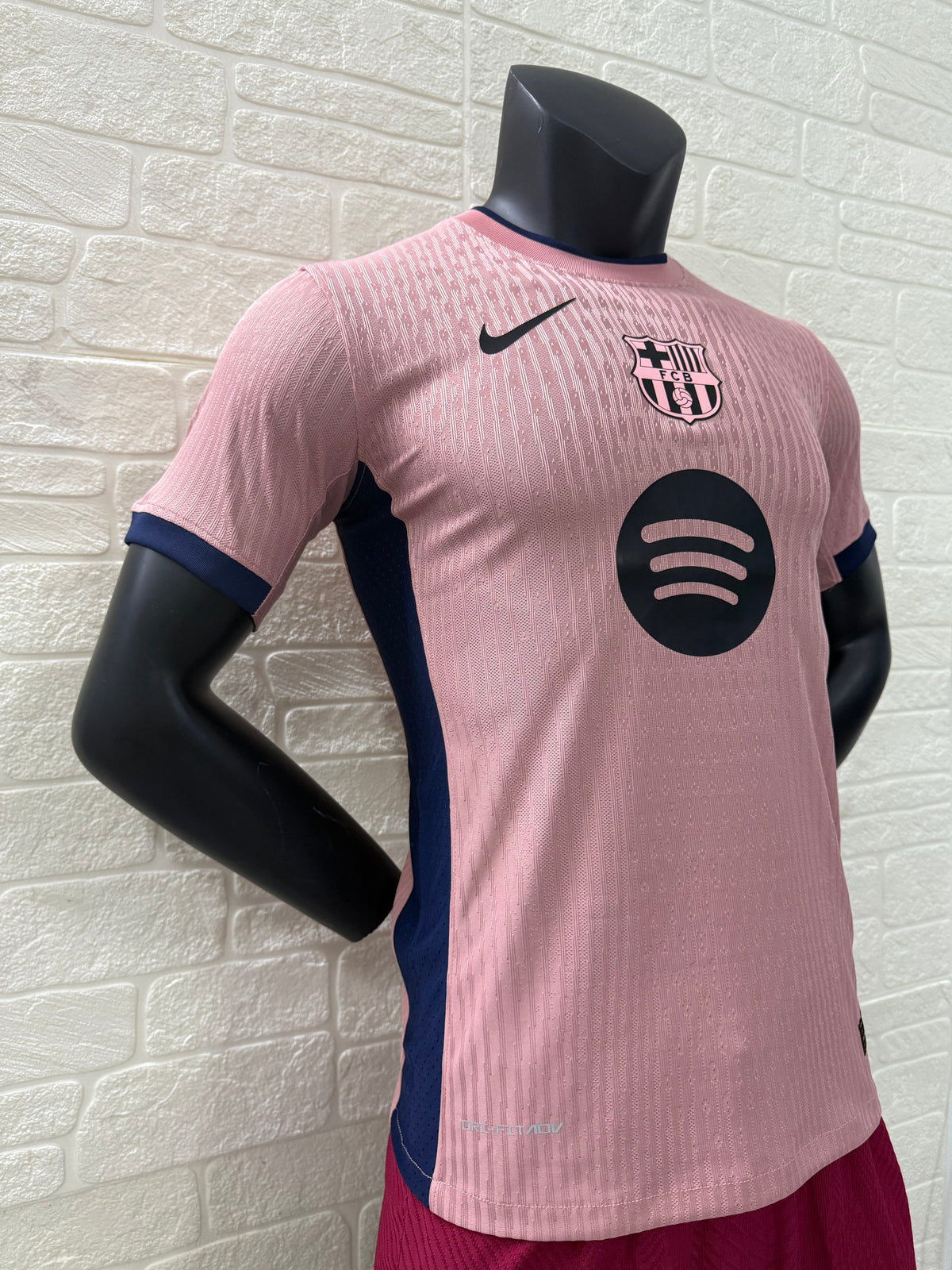2025/26 FC Barcelona Third Player Version Jersey - Pink Body -Dri-FIT ADV - Pink Crew Neck Navy Blue Trim - Navy Blue Sleeve Cuffs - Black Nike Swoosh - FCB Pink Monochrome Crest - Spotify Black Sponsor