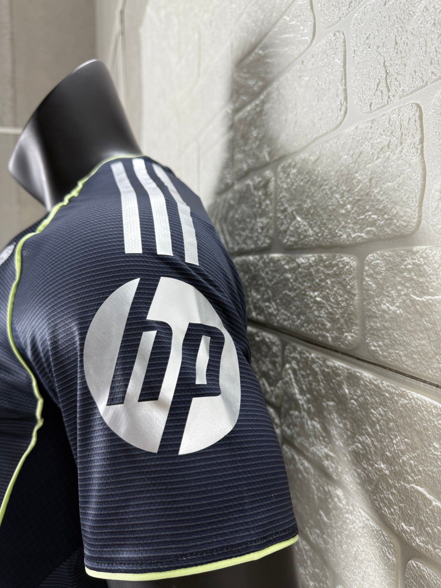 2025/26 Real Madrid Away Player Version Jersey - Dark Navy Blue Tonal Horizontal Stripe - Neon Yellow Green Piping - Emirates Fly Better