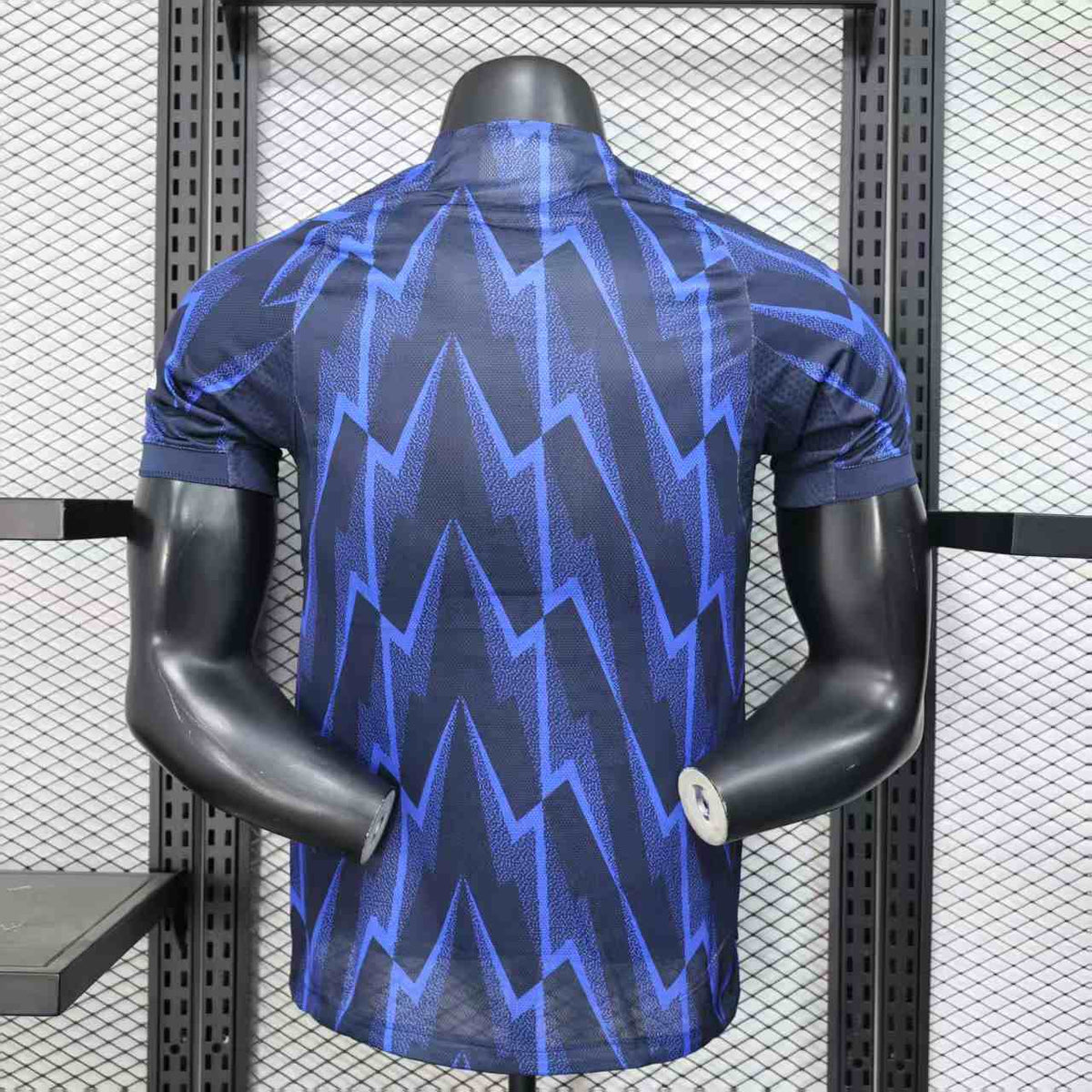 2025/26 Arsenal Away Player Version Jersey - Dark Navy Blue Body All-Over Blue Lightning Bolt Zigzag Graphic Red Sleeve Cuff Trim - White Three Stripes - Arsenal Cannon Crest - Emirates Fly Better - Men's
