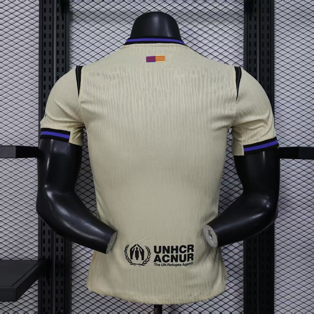 2025/26 FC Barcelona Away Player Version Jersey - Men's - Dri-FIT ADV - Champagne Off-White Body - Purple Crew Neck Collar - Black Shoulder Panels - Black FCB Crest - Spotify Black Sponsor