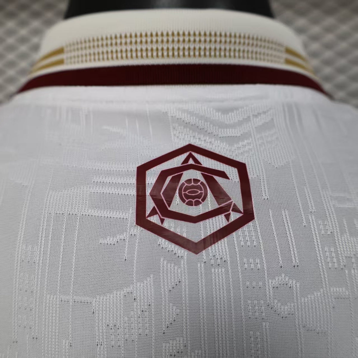 2025/26 Arsenal Away Player Version Jersey - White Body All-Over Subtle Tonal Graphic Texture Deep Maroon Polo Collar Gold Cream Stripe Trim - Originals Trefoil - Arsenal Cannon Crest - Emirates Fly Better - Men's