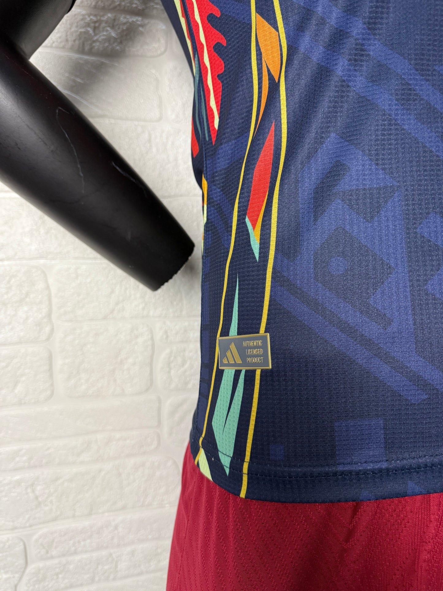 2025/26 Club América Training Player Version Jersey - Dark Navy Blue Body Multicolour Aztec Zigzag Graphic Upper Chest  - Gold Three Stripes - Club América Crest - Caliente Principal Sponsor