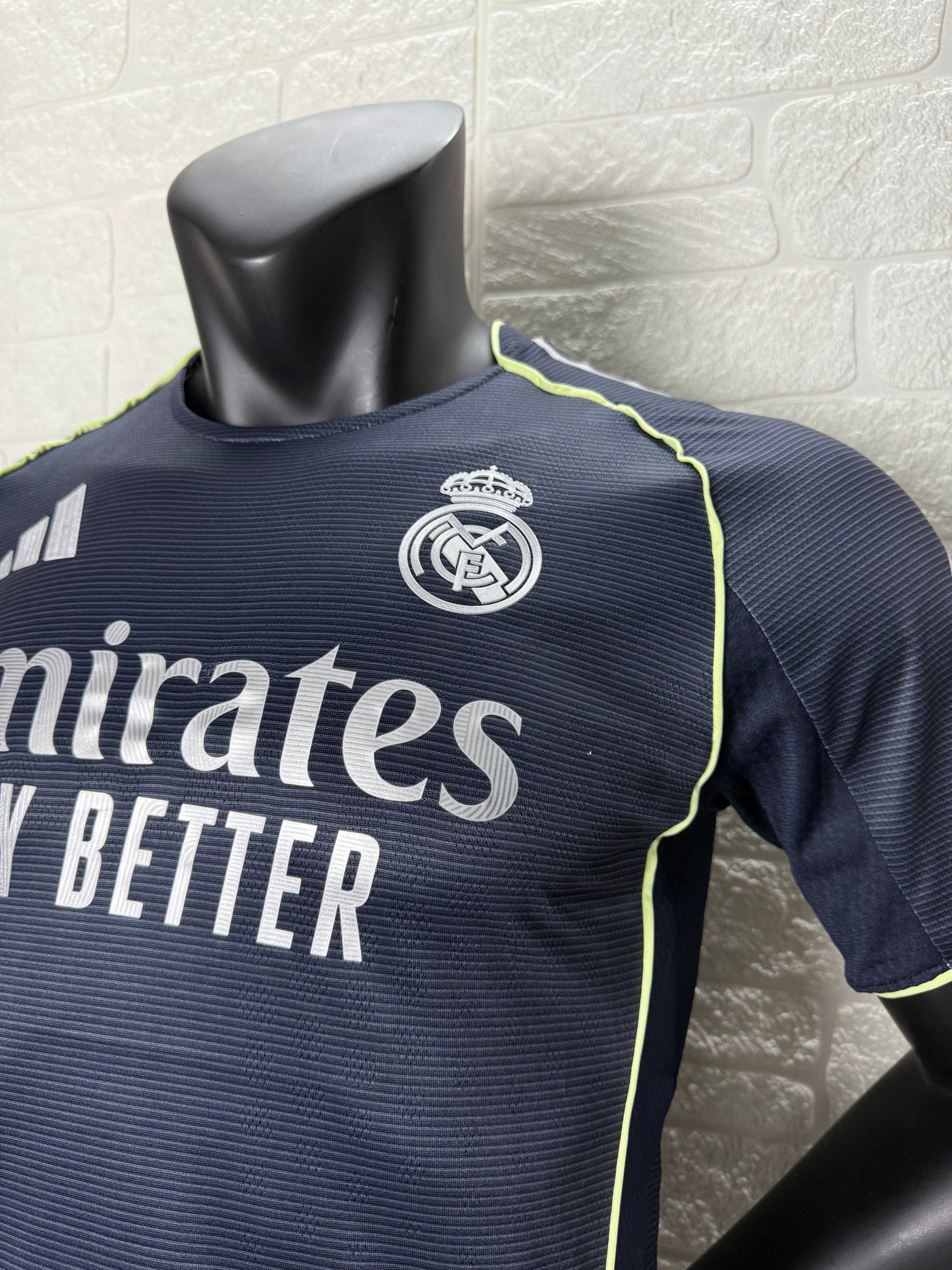 2025/26 Real Madrid Away Player Version Jersey - Dark Navy Blue Tonal Horizontal Stripe - Neon Yellow Green Piping - Emirates Fly Better