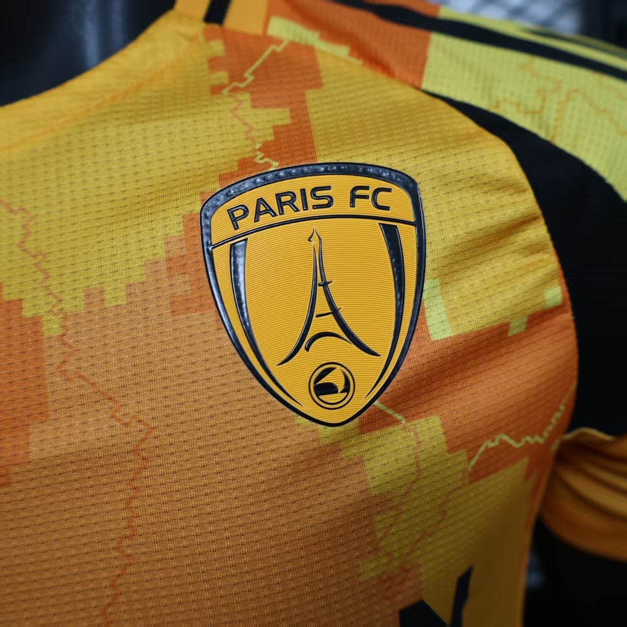 2025/26 Paris FC Away Player Version Jersey -  Orange Yellow Pixel Camo Map Pattern - Bahrain Victorious - Black Sleeves