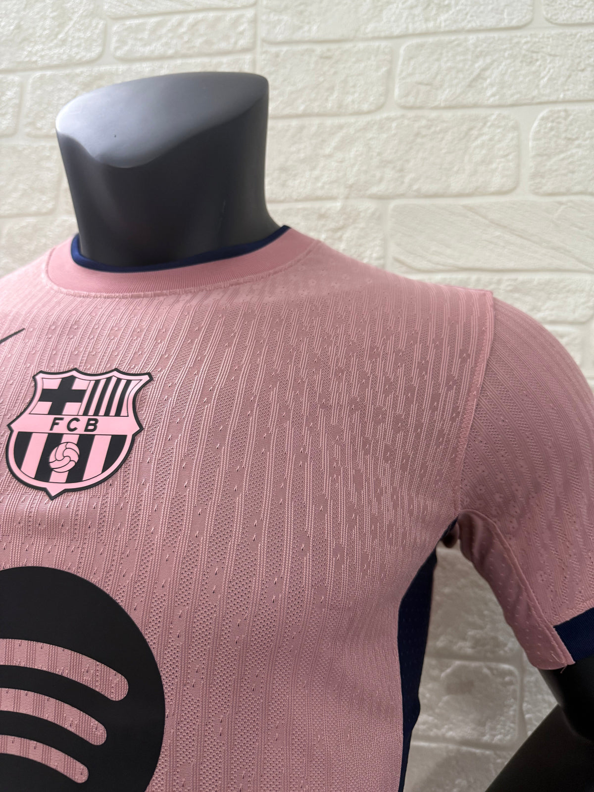 2025/26 FC Barcelona Third Player Version Jersey - Pink Body - Dri-FIT ADV - Pink Crew Neck Navy Blue Trim - Navy Blue Sleeve Cuffs - Black Nike Swoosh - FCB Pink Monochrome Crest - Spotify Black Sponsor