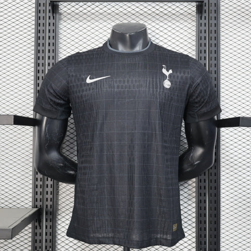 2025/26 Tottenham Hotspur Away Player Version Jersey - All-Black Body - Black-on-Black Tonal Grid Diamond Check Texture - White Nike Swoosh - White Spurs Cockerel Crest