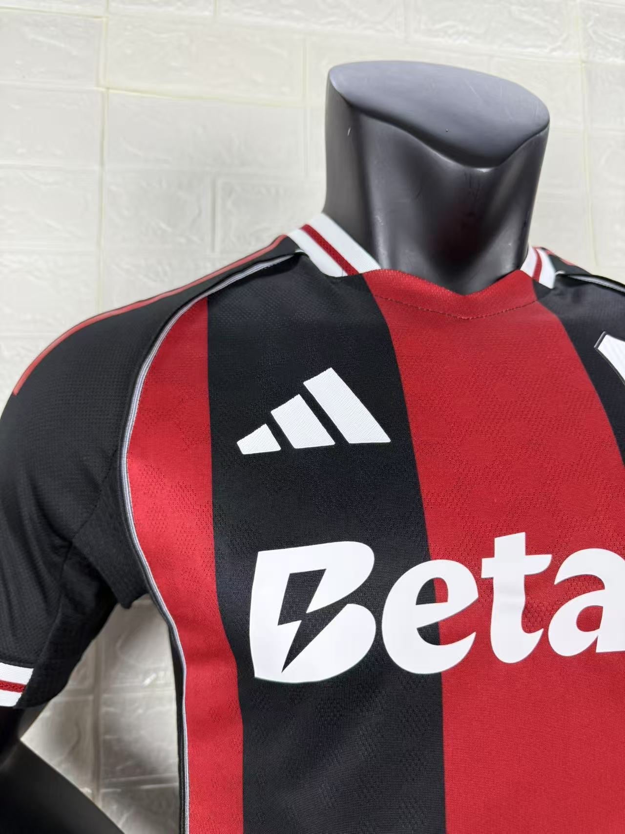 2025/26 River Plate Away Player Version Jersey -  Black Red Vertical Wide Stripe - White Red Striped V-Neck Collar - Betano White Sponsor