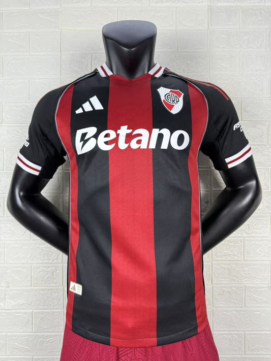 2025/26 River Plate Away Player Version Jersey -  Black Red Vertical Wide Stripe - White Red Striped V-Neck Collar - Betano White Sponsor