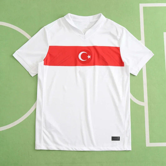 Turkey National Team Home Fan Version 2024 – UEFA Euro White Red Stripe Football Jersey | Crescent Crest