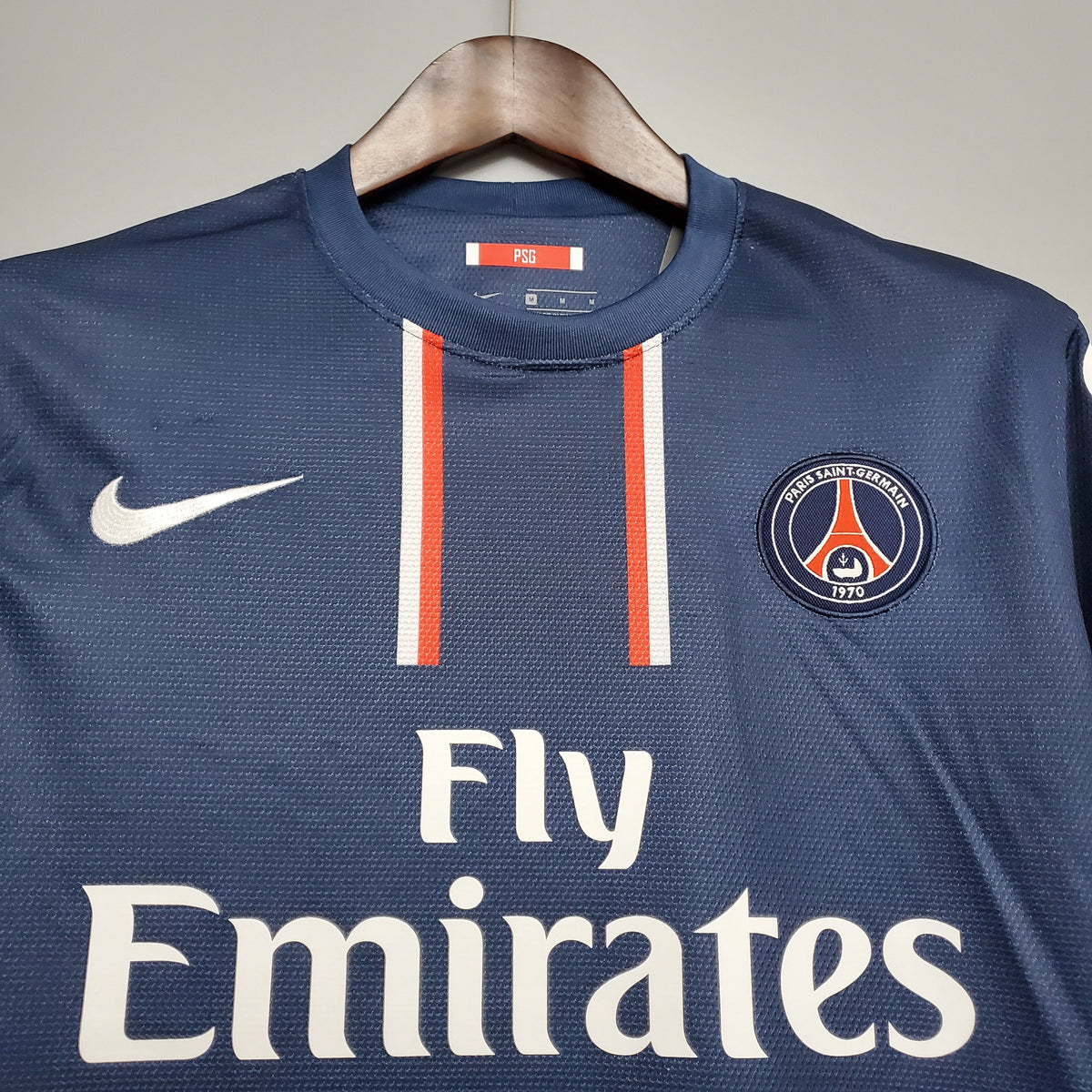 PSG 2012-13 Home Retro Jersey – Nike Navy Blue White Red Vertical Stripe Crew Neck Fly Emirates Eiffel Tower Crest Ibrahimovic Thiago Silva Beckham Verratti Pastore Lavezzi Ligue 1 Fan Version Football Shirt
