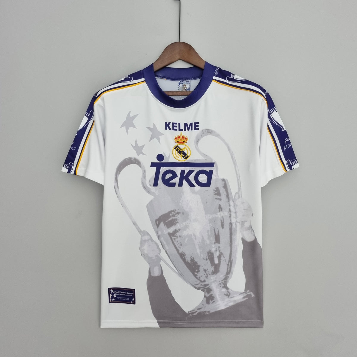 Real Madrid 1997-98 Champions League Winners Special Edition Jersey – White Kelme Teka Trophy Print Retro Fan Version Football Shirt