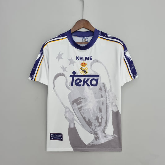Real Madrid 1997-98 Champions League Winners Special Edition Jersey – White Kelme Teka Trophy Print Retro Fan Version Football Shirt