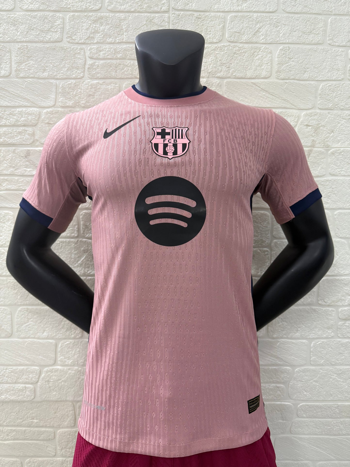 2025/26 FC Barcelona Third Player Version Jersey - Pink Body -Dri-FIT ADV - Pink Crew Neck Navy Blue Trim - Navy Blue Sleeve Cuffs - Black Nike Swoosh - FCB Pink Monochrome Crest - Spotify Black Sponsor