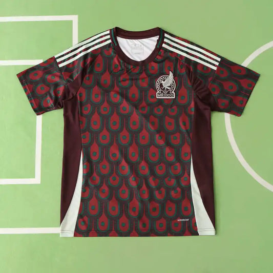 Mexico National Team Home Fan Version Jersey 2024 – Dark Red Green Aztec Feather Print Football Shirt