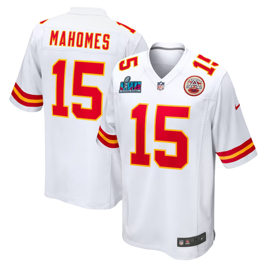 Men's Kansas City Chiefs Patrick Mahomes #15 White Super Bowl LVII Patch Away Game Jerseys