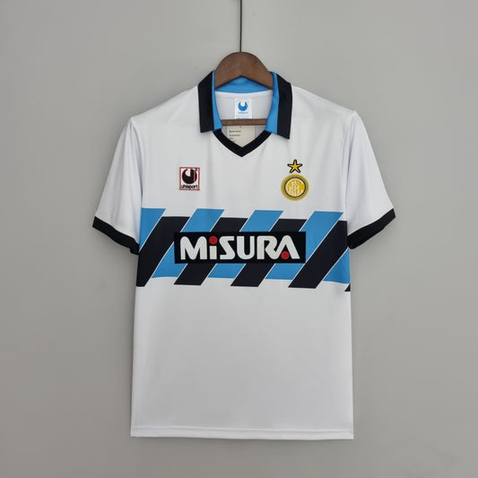 Inter Milan 1990-91 Away Retro Jersey – White Sky Blue Navy Diagonal Stripe Misura Uhlsport One Star Fan Version Football Shirt