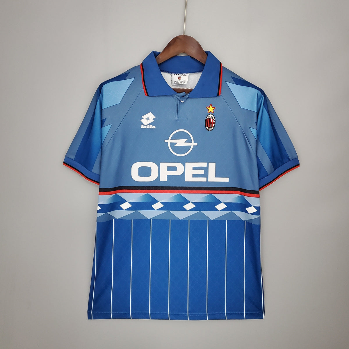 AC Milan 1995-96 Third Retro Jersey – Lotto Dual Blue Opel Geometric Pinstripe Maldini Weah Roberto Baggio Desailly Vieira Serie A Winner Fan Version Football Shirt