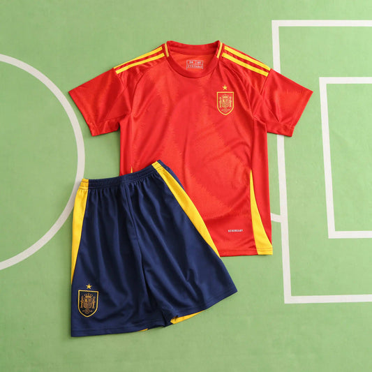 Spain National Team UEFA Euro 2024 Home Kids Kit – Red Jersey & Navy Shorts | Adidas | Custom Name & Number
