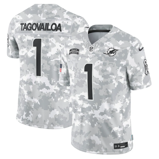 Men's Miami Dolphins Tua Tagovailoa #1 Arctic Camo 2024 Salute to Service Limited Jerseys