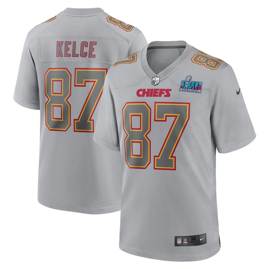 Men's Kansas City Chiefs Travis Kelce #87 Gray Super Bowl LVII Patch Atmosphere Fashion Game Jerseys