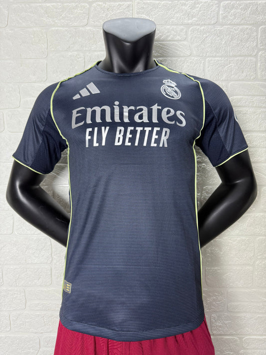 2025/26 Real Madrid Away Player Version Jersey - Dark Navy Blue Tonal Horizontal Stripe - Neon Yellow Green Piping - Emirates Fly Better